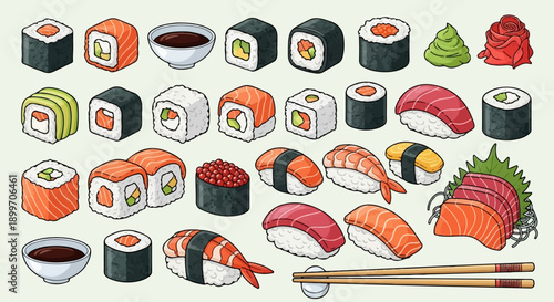 A variety of sushi rolls, nigiri, sashimi, and accompaniments arranged