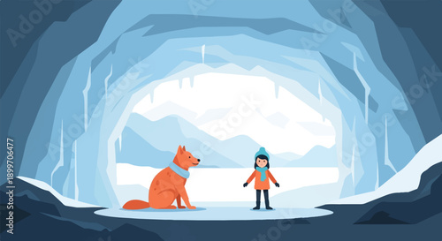 Child and fox in a bright, blue ice cave with icicles