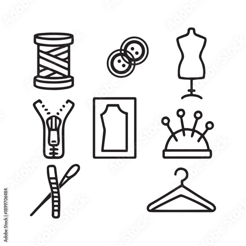 Sewing and tailoring including thread spool buttons mannequin pins craft needle