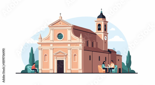 A quaint village church with a bell tower, two people enjoying a coffee break nearby