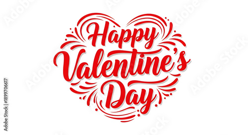Red Happy Valentine Day typography text with decorative swirls and script font isolated on transparent background greeting holiday lettering message word quote phrase love romance