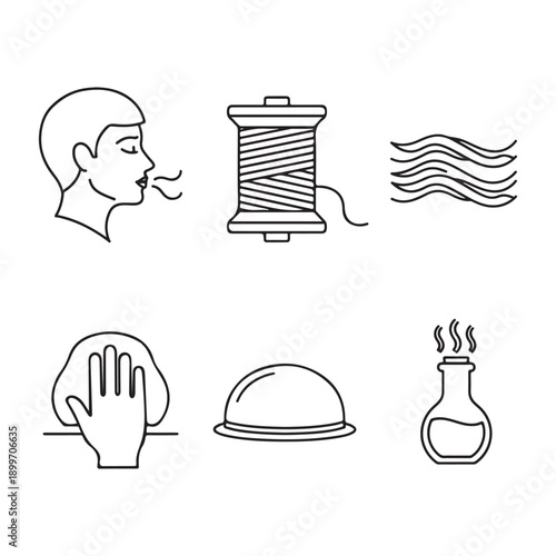 Six simple line depicting breathing thread waves hand dome and flask line breathing