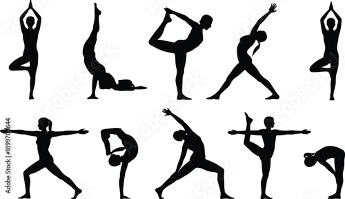 Yoga poses silhouette set, female flexibility balance stretching meditation fitness exercise concept, black isolated wellness training vector illustration bundle