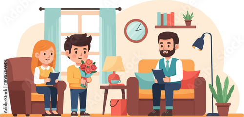 A young boy brings flowers to a woman and a man in a cozy room