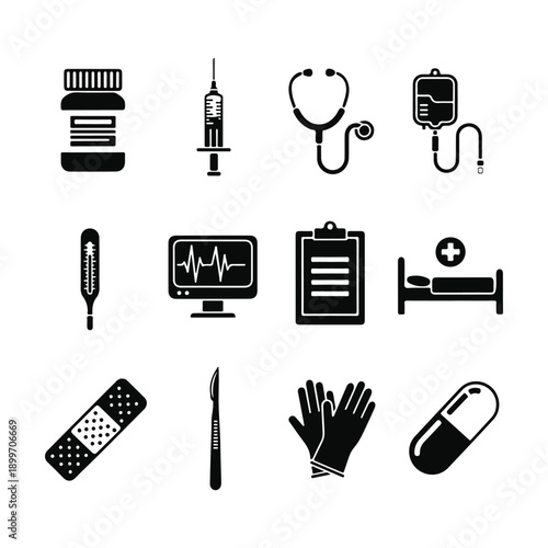 Medical including pill bottle syringe stethoscope I V drip thermometer medical healthcare