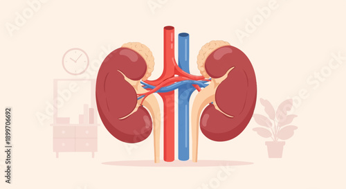 Anatomical illustration of the human renal system with blood vessels