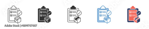 Vector icons illustrating the concept of successful order fulfillment, package delivery, and task completion with a verified checklist