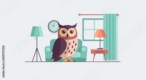 An owl sits in an armchair in a room with furniture