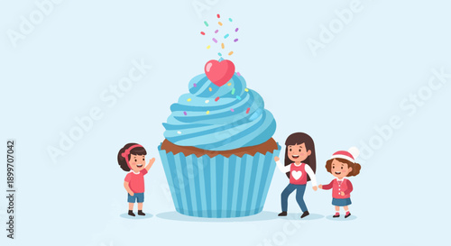 Children celebrate giant cupcake with pink heart and sprinkles