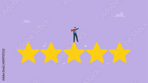 Businessman balance himself on stars rating evaluation. Performance review, annual employee evaluation, appraisal or rating feedback, success five stars employee, excellent feedback opinion.