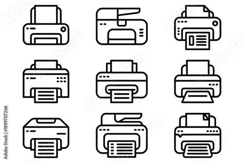 A collection of various printer icons in black and white line art
