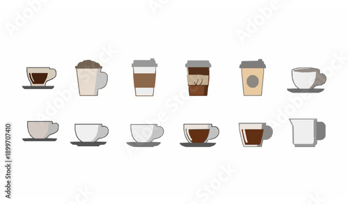 Coffee and Tea Cup Vector Icon Set in Flat Minimal Style Isolated on White Background