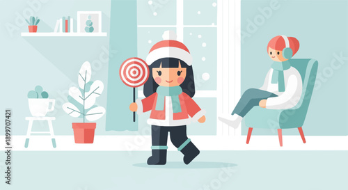 Children enjoy winter indoors with a lollipop and headphones