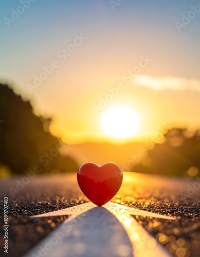 A vibrant red heart sits on a road with a bright sun setting in the background. The scene conveys love and hope