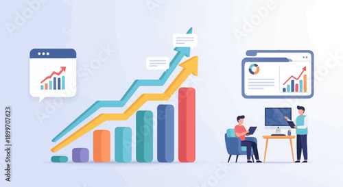 Business meeting with charts and graphs displaying positive growth trends