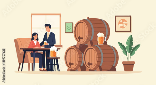 A couple enjoys drinks near stacked barrels, with plant and art