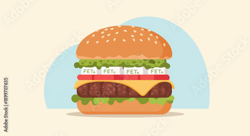 A stylized, cartoonish burger with feta cheese, tomato, and lettuce