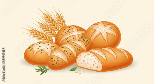 Assortment of freshly baked bread loaves and rolls with wheat stalks