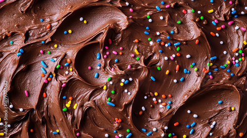 Silky chocolate buttercream frosting with colorful rainbow sprinkles, rich creamy dessert texture background close up