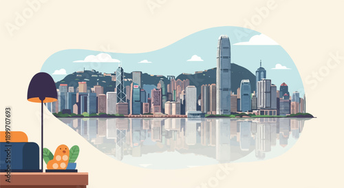A stylized city skyline with a reflection in water and a table with a lamp and toy