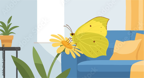 A yellow butterfly lands on a daisy in a cozy living room setting