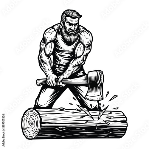 Muscular lumberjack with beard chopping wood with axe, strong man, forest worker, illustration