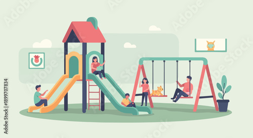 Children play on a playground with a slide and swings, alongside a dog
