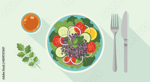 A vibrant, flat illustration of a salad with dressing, fork, and knife