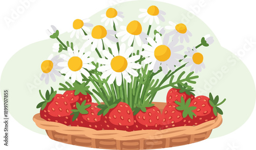 A woven basket overflows with ripe strawberries and delicate white daisies
