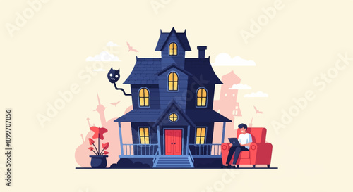 A stylized, dark blue haunted house with a man using a laptop in a red armchair