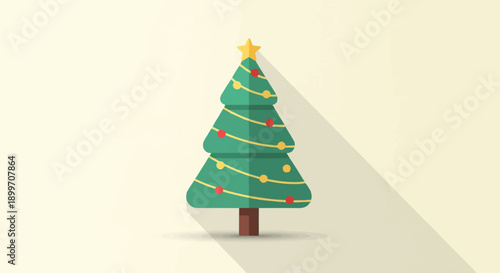A simple flat design Christmas tree with festive decorations and long shadow