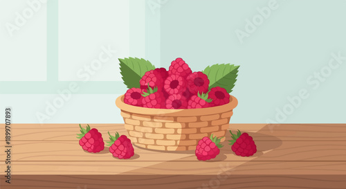 A woven basket overflows with ripe raspberries, with more scattered on a wooden table