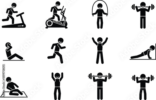 gym fitness icons, full body workout, cardio training exercise, strength training workout, home fitness routine, bodyweight exercise set, weightlifting 