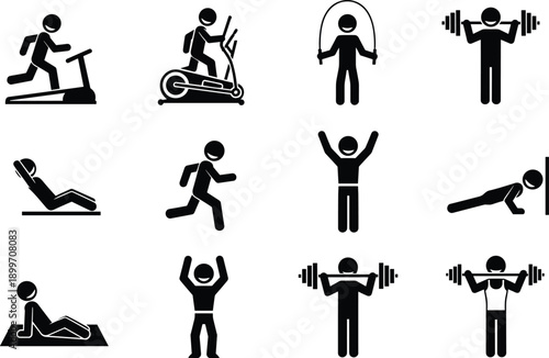 gym fitness icons, full body workout, cardio training exercise, strength training workout, home fitness 