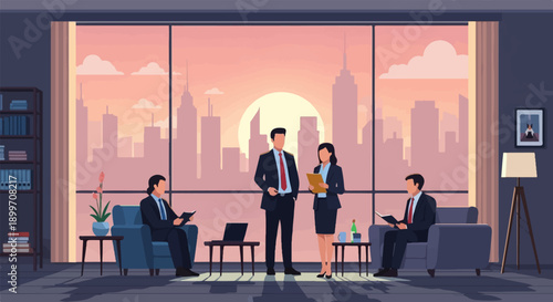 Business professionals gather in a modern office lobby at sunset