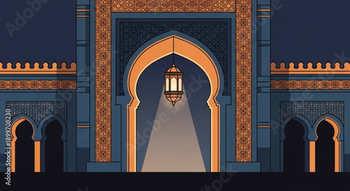Islamic Archway with Lantern, Mosque Entrance, Islamic Architecture and Vector Illustration