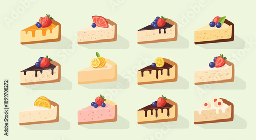 Assortment of twelve delicious cheesecake slices with various fruit toppings
