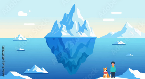 A stylized figure and dog stand near a large iceberg in icy ocean waters