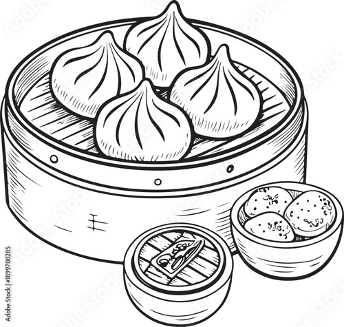 Dim sum (China) Hand-drawn Sketch Drawing Vector Illustration, Line Linear Symbol Engraving for Coloring Book, Black and White, Isolated