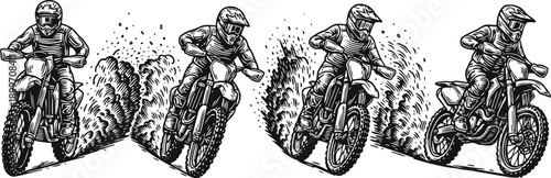 Dirt bike riders racing off road, kicking up dirt and dust, aggressive motocross action in dynamic poses