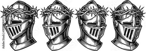Medieval knight helmets with crowns of thorns in black and white detailed vector illustration set