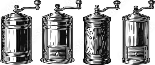 Vintage manual coffee grinders set classic wooden and metal pepper mill silhouettes retro kitchen tool collection