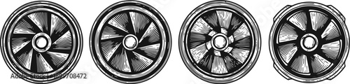 Vintage car steering wheels set with detailed spokes and round central hubs in black and white