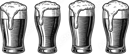 Four frothy beer glasses filled with foamy craft ale in vintage engraving illustration