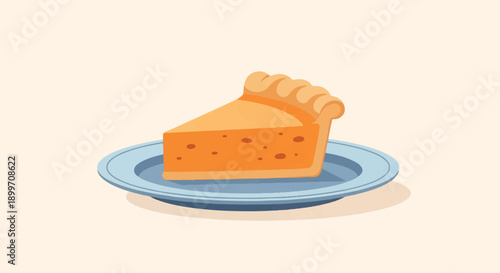 A simple illustration of a slice of orange pie with a crimped crust on a blue plate