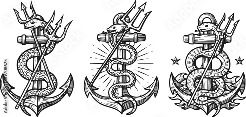 Anchor with serpent and trident illustrations nautical tattoo vintage maritime symbols