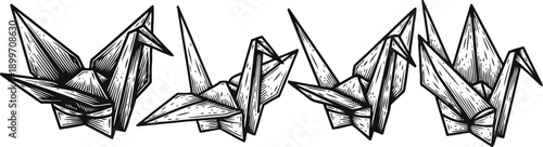 origami cranes set in detailed black and white line art paper birds arranged in traditional folding poses, symbolizing peace and craftsmanship