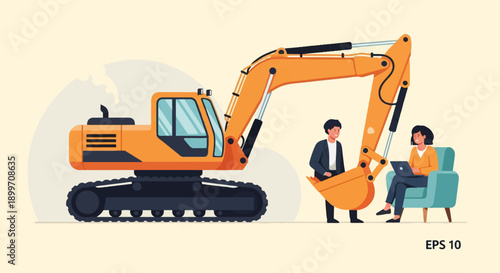 An excavator contrasts with people working on laptops and discussing plans indoors