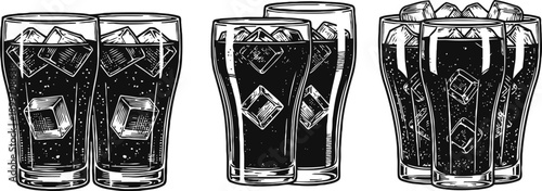 three pairs of cold soda glasses with ice cubes, refreshing carbonated beverage drinks