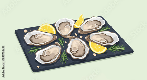 A platter of fresh oysters served with lemon slices and herbs